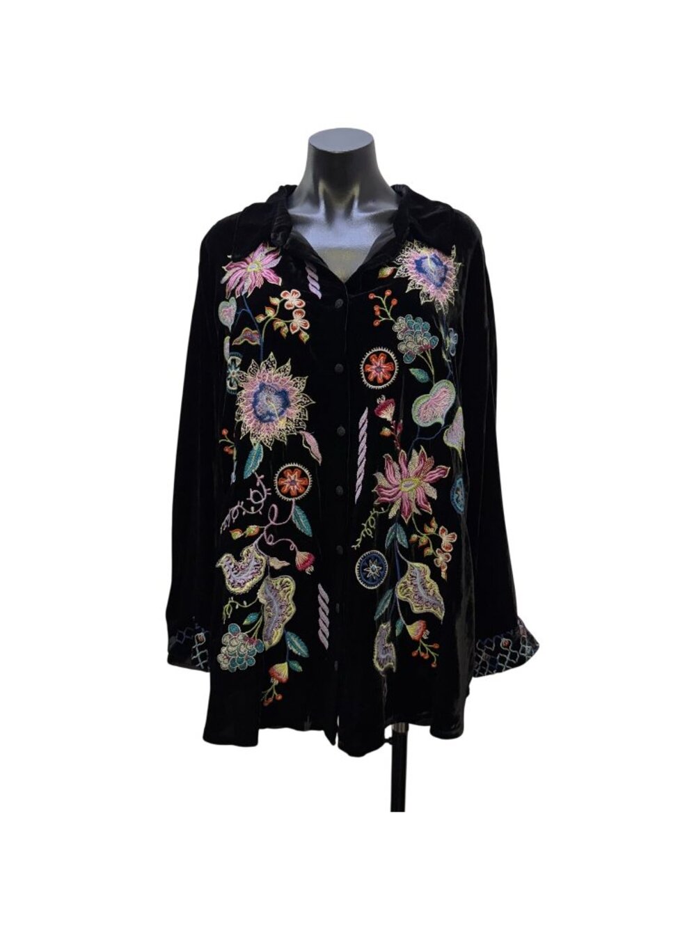 Johnny Was Black Velvet Floral Embroidered Button-Down Blouse 1X